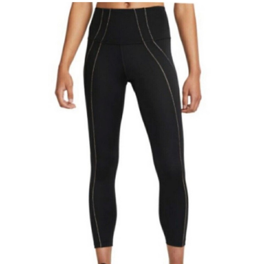 Nike Yoga Dri-Fit Leggings High Waisted 7/8 Black with Gold Metallic Trim NWT M